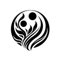 Abstract black and white floral composition within a circle, featuring two spheres and intricate leaf motifs, evoking harmony. vector