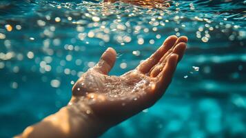 Hand reaching out to shimmering water in a tranquil swimming pool during bright sunlight in the afternoon photo