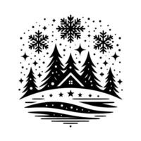 A festive winter scene silhouette of evergreen trees, a snowy cabin, and falling snowflakes and stars, all within a circular design. vector