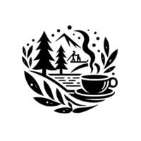 A black and white circular depicting a serene lakeside scene with pine trees, a mountain silhouette, a kayaker, and a steaming coffee cup, evoking tranquility. vector