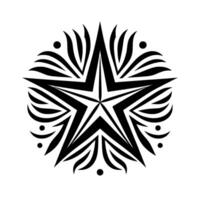 Intricate black and white a symmetric starburst with a fivepointed star at its core, accented by curved lines and dots, set against a plain white background. vector