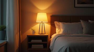 Cozy bedroom setup with warm lighting from a bedside lamp creating a serene atmosphere during evening hours photo