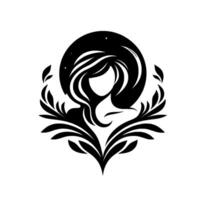 Silhouetted woman with flowing hair and moonlit aura encircled by stylized botanical elements, a celestial and elegant composition. vector