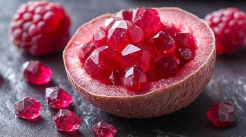 Vibrant raspberry cut in half reveals a stunning interior of red garnet crystals surrounded by ruby stones on soft textured surface photo