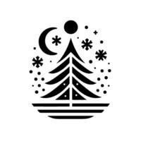 Silhouette of a christmas tree with celestial elements crescent moon, stars, snowflakes, and a central sun, all set against a white background. vector
