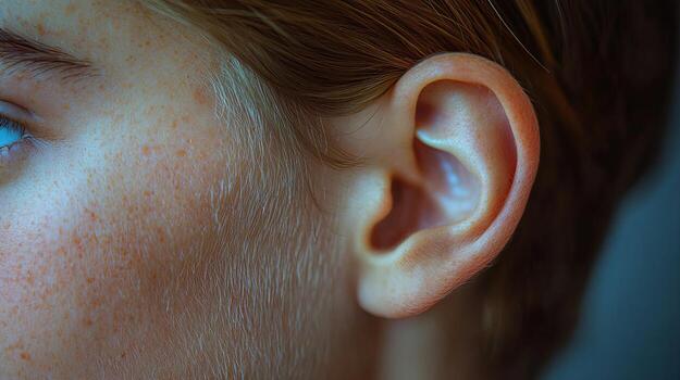 Close up view of a young individuals ear captured under soft light highlighting skin texture and features, creating an intimate connection with the subject photo