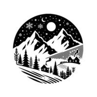 A whimsical black and white winter scene in a circle, depicting a snowy landscape with mountains, cabins, trees, a moon, stars, and snowflakes. vector
