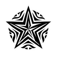 Bold black white of a star within a circular pattern of zebralike stripes, evoking a strong, modern and geometric aesthetic. vector