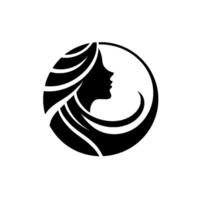 Minimalist silhouette a womans profile surrounded by flowing hair and a circular frame, emphasizing elegance. vector