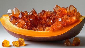Orange melon filled with sparkling crystals displayed on a light background attracts attention with its vibrant colors and stunning textures photo