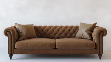 Elegant tufted brown sofa with decorative cushions placed against a plain wall in a minimalistic interior setting photo