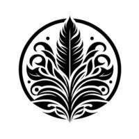 A striking black and white circular emblem featuring a central feather, flanked by stylized leaves and elegant swirling patterns, set on a crisp white background, evoking a sense of classic design. vector