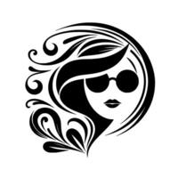 Stylish silhouette a monochrome illustration of a woman with sunglasses, surrounded by elegant, swirling hair and decorative flourishes. vector