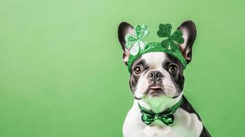 Dog wearing festive green accessories with shamrocks for St. Patrick's Day celebration in a bright green backdrop photo