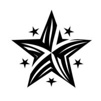 A striking illustration of a bold, black fivepointed star with an inner patterned design, encircled by smaller surrounding stars on a clean white background. vector