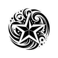 Bold, stylized black and white featuring a fivepointed star in the center, surrounded by swirling lines, small stars and dots, set against a plain white backdrop. vector