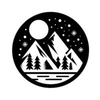 A minimalist winter landscape in a circular frame mountains, pine trees, snowflakes, and moon rendered in black and white. vector