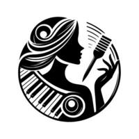 Elegant black and white silhouette a musical portraying a woman singing with a microphone, integrated with piano keys and soundwave motif, within a circular frame. vector