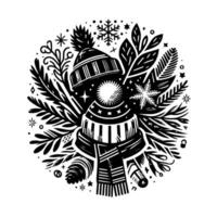Intricate black and white winter illustration a cozy hat, scarf, and botanical elements, composed in a circular design, evoking warmth and festive cheer. vector