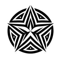 Bold pentagram a symmetrical, black and white featuring a stylized star within a circular frame, adorned with repeating lines and minimalist dots on a clean white background. vector