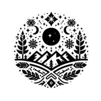 A symmetrical, black and white circular emblem featuring mountains, trees, stars, snowflakes, crescent moons, and botanical elements, evoking a sense of winter tranquility. vector