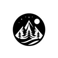 Monochrome mountain landscape with pine trees, starry sky, and moon enclosed in a black circle, evoking a sense of tranquility and wilderness. vector