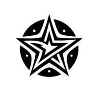 Bold black and white pentagram inside a circle, featuring intricate line art and a subtle shadow, clean and modern design. vector