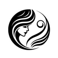 Elegant silhouette of a woman in profile, encompassed within a circle, with flowing hair and a decorative swirl element, in a minimalist black and white design. vector
