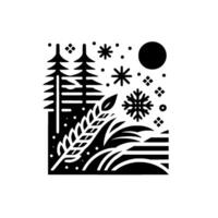 A monochromatic, minimalist winter landscape featuring stylized fir trees, wheat, snowflakes, a full moon, and geometric elements creating a serene and decorative scene. vector