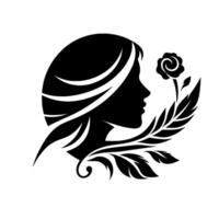 Elegant silhouette a womans profile framed by floral elements, rendered in bold black against a pristine white background, evoking sophistication. vector