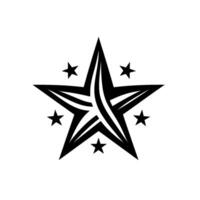 A striking black and white geometric features a large, multilayered star, encircled by five smaller stars, set against a plain white background. vector