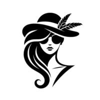 Elegant silhouette of a woman wearing a widebrimmed hat with feathers and sunglasses, a stylish illustration vector