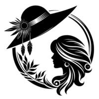 Elegant black and white silhouette illustration of a woman with flowing hair, adorned with a widebrimmed hat, feathers, and botanical elements within a circular frame. vector