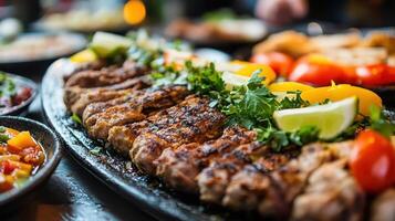 A vibrant grilled meat platter, beautifully garnished with an array of fresh vegetables and aromatic herbs, awaits diners in a lively and bustling restaurant atmosphere photo