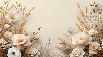 Elegant floral arrangement featuring soft beige and cream flowers on a muted cream background suitable for decor or design photo