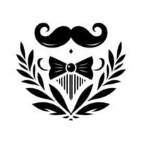 A sophisticated monochrome emblem featuring a stylized mustache, bow tie, and laurel wreath, conveying classic elegance. vector
