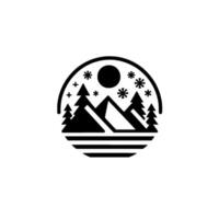 Stylized monochrome winter landscape mountains, trees, snowflakes, and sun inside a circle. minimalist, circular composition. vector