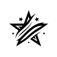 A black and white starburst featuring a large central star, accented with smaller stars and dynamic swirl elements. vector