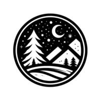 A nocturnal, circular emblem depicts a winter landscape with a crescent moon, star, snowcovered mountains, pine trees, and a starry sky, all rendered in monochrome. vector