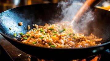 Chef stir-frying rice with vegetables and meat in a wok over high heat at a bustling kitchen during peak dinner time photo