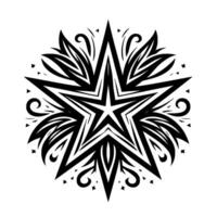 Intricate black and white starburst mandala, with geometric star design, surrounding flourishes and details, isolated on a white background. vector