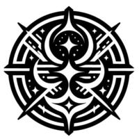 Intricate black and white geometric circular composition with star, crescent, and arrowlike elements, minimalist aesthetics vector