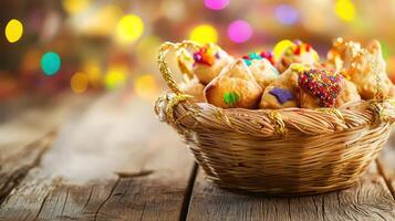 Colorful festive pastries in a woven basket adorned with sprinkles on a rustic wooden table with soft bokeh lights in the background photo