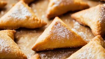 Freshly baked triangular pastries dusted with powdered sugar on a baking sheet in a cozy kitchen setting photo