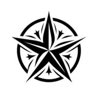 A bold, symmetrical black star inside a black circle, embellished with smaller starlike accents on a clean white background, creating a striking visual contrast. vector