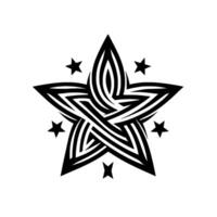 Intricate black and white star featuring overlapping lines and surrounding small stars on a clean white background, ideal for a logo. vector