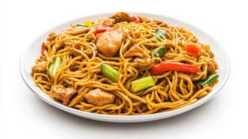 Stir-fry noodles with chicken and vegetables served on a white plate for a delicious Asian-inspired meal photo