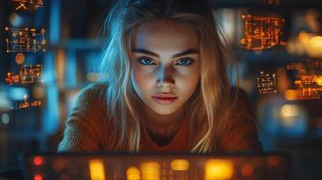 Focused student solving complex mathematical equations on a laptop while illuminated by screen glow surrounded by glowing equations photo
