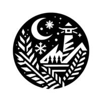 A stylized, black and white illustration featuring a lighthouse nestled in a winter landscape with a crescent moon, snowflakes, and stars, all within a circular frame. vector