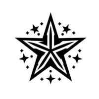 Intricate black and white starburst a geometric fivepointed star surrounded by various star shapes and dots. vector